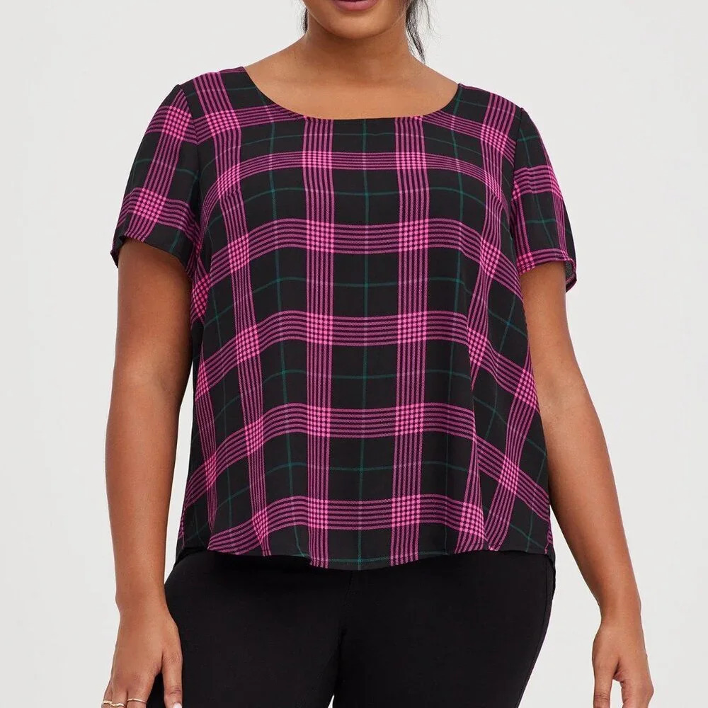 Torrid Pink Plaid Abbey Georgette Button Back Blouse in Size 3 - 22/24
